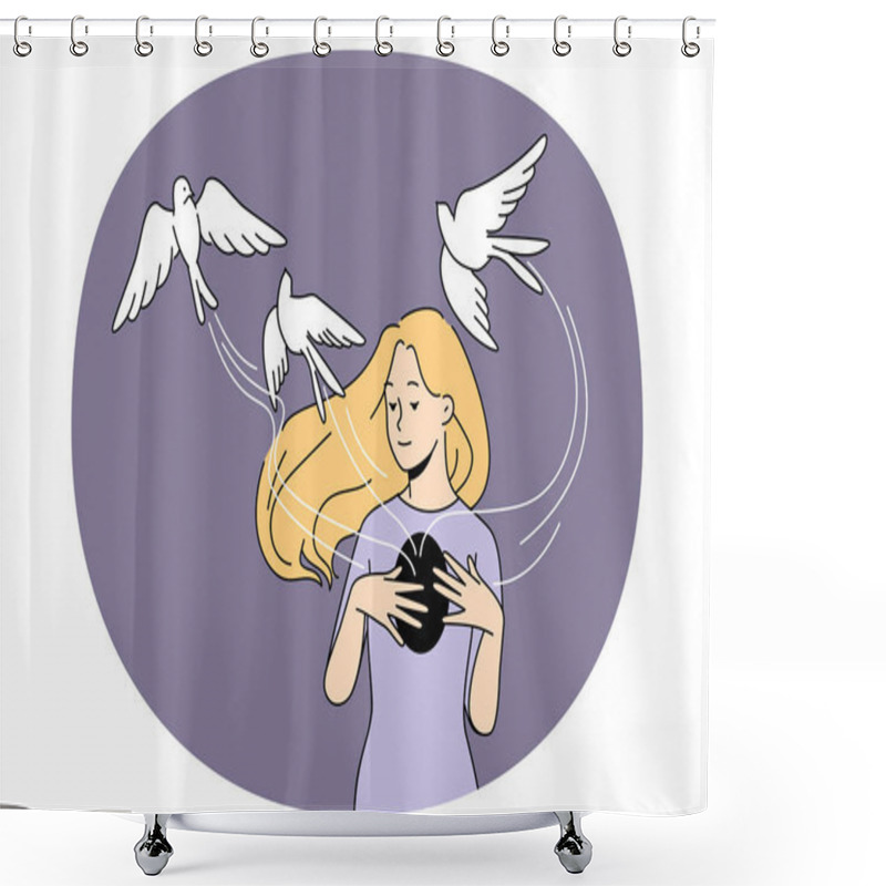 Personality  Happy Young Woman Free Birds From Chest Recover From Depression Or Anxiety. Calm Smiling Girl Overcome Psychological Or Mental Problems. Healthcare And Psychotherapy. Vector Illustration. Shower Curtains