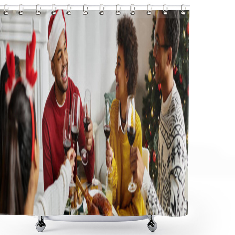 Personality  A Group Of Friends Gathers Around To Toast With Glasses While Enjoying Christmas Dinner. Shower Curtains