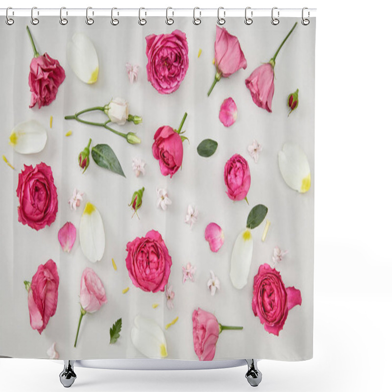 Personality  Floral Background Made Of Pink Roses And Tulip Petals Isolated On White Shower Curtains