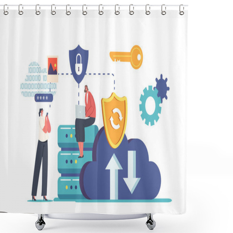 Personality  Cloud Data Safety, Information Protection In Internet Concept. Tiny Characters Work On Laptop And Use Mobile Phone, Download And Transfer Data Via Cloud Storage. Cartoon Vector Illustration Shower Curtains