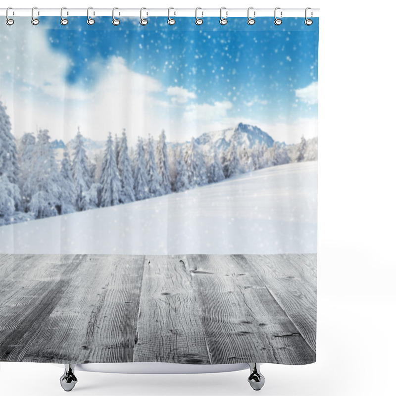 Personality  Winter Landscape With Wooden Planks Shower Curtains