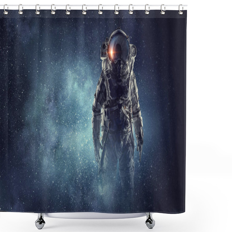 Personality  Adventure Of Spaceman. Mixed Media Shower Curtains