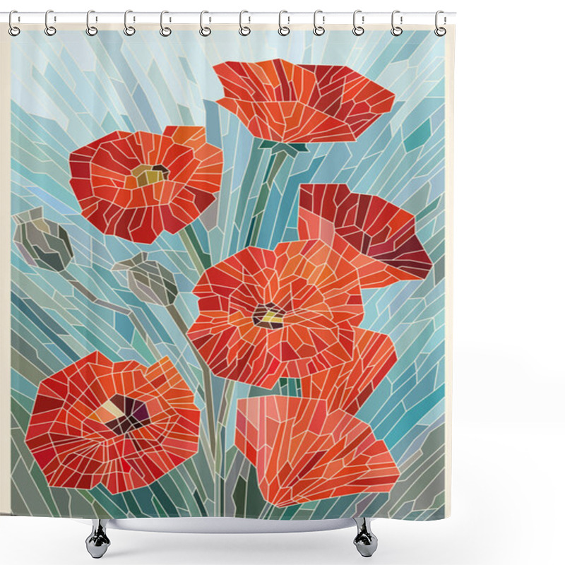 Personality  Color Stained Glass. Large Flowers Poppies On A Gray Turquoise Background. Light Lines. Vector Full Color Graphics Shower Curtains