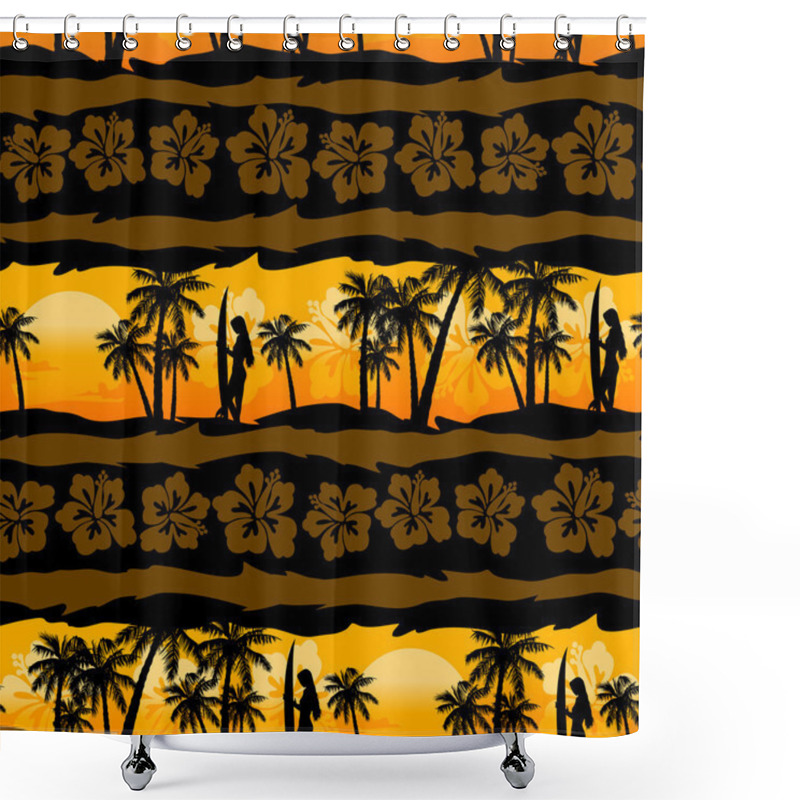 Personality  Tropical Frangipani With Palms Sunrise Seamless Pattern Shower Curtains