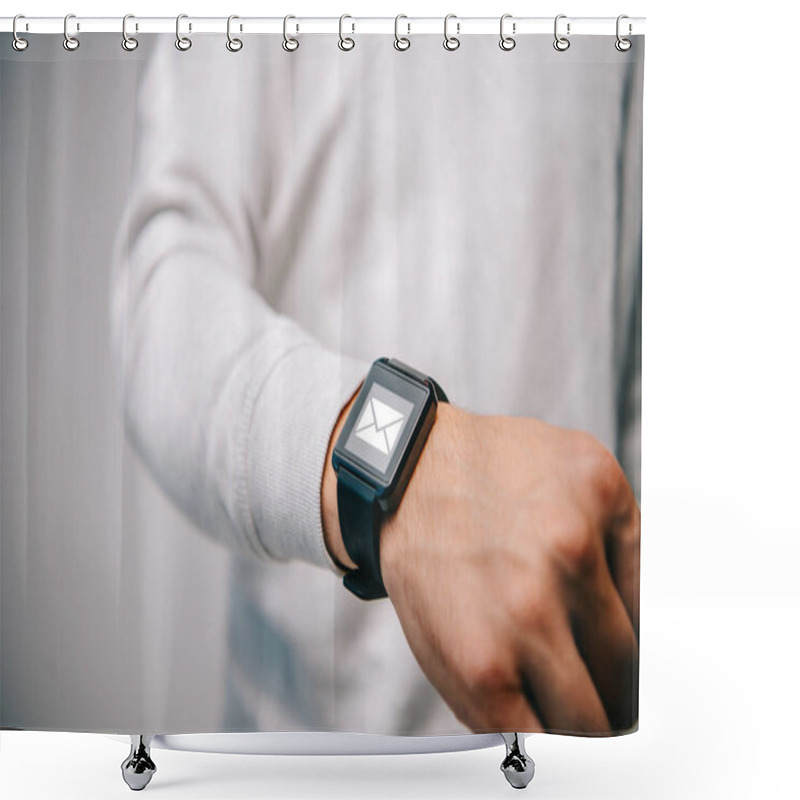 Personality  Cropped View Of Man With Smartwatch With Email Icon Shower Curtains