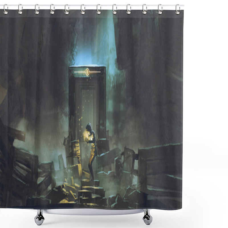 Personality  Young Boy Lit The Candle In Front Of The Secret Door, Digital Art Style, Illustration Paintin Shower Curtains