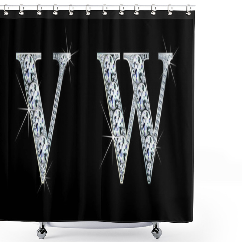 Personality  Diamond Alphabet Letters. Stunning Beautiful V,W Jewelry Set In Gems And Silver. Vector Eps10 Illustration. Shower Curtains