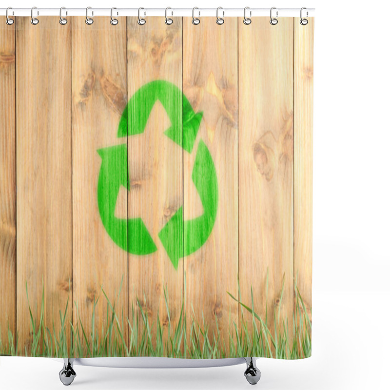 Personality  Green Grass And Illustration Of Recycling Symbol On Wooden Fence Shower Curtains