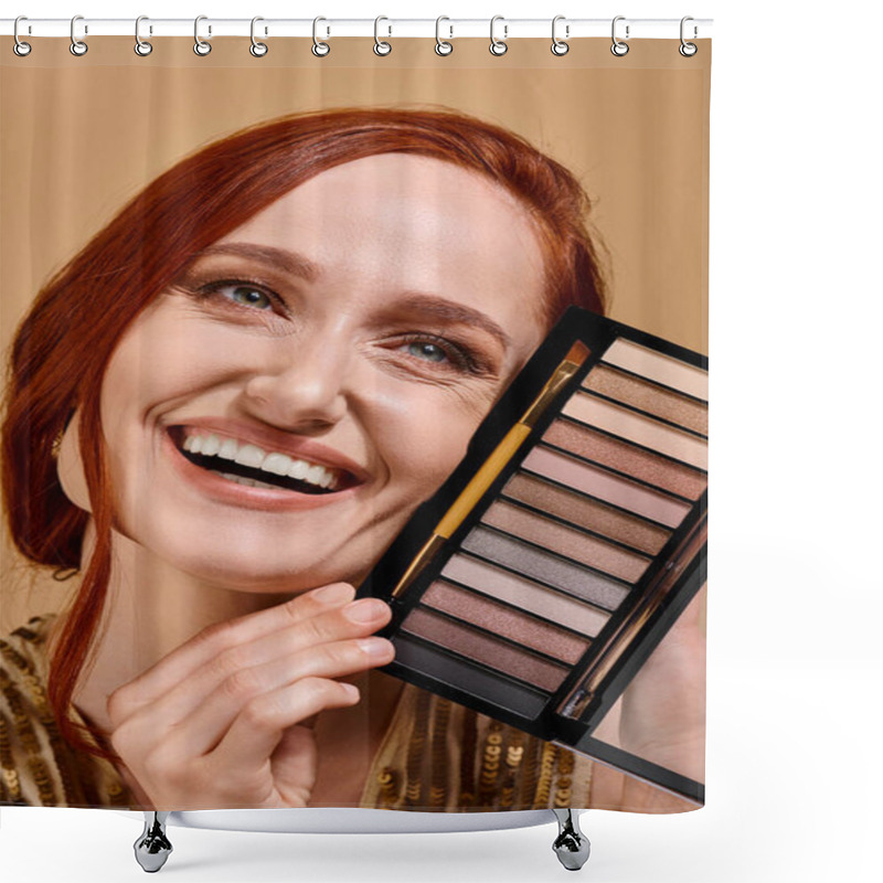 Personality  Close Up Of Happy Woman Holding Eye Shadow Palette On Beige Background, Makeup Advertisement Shower Curtains