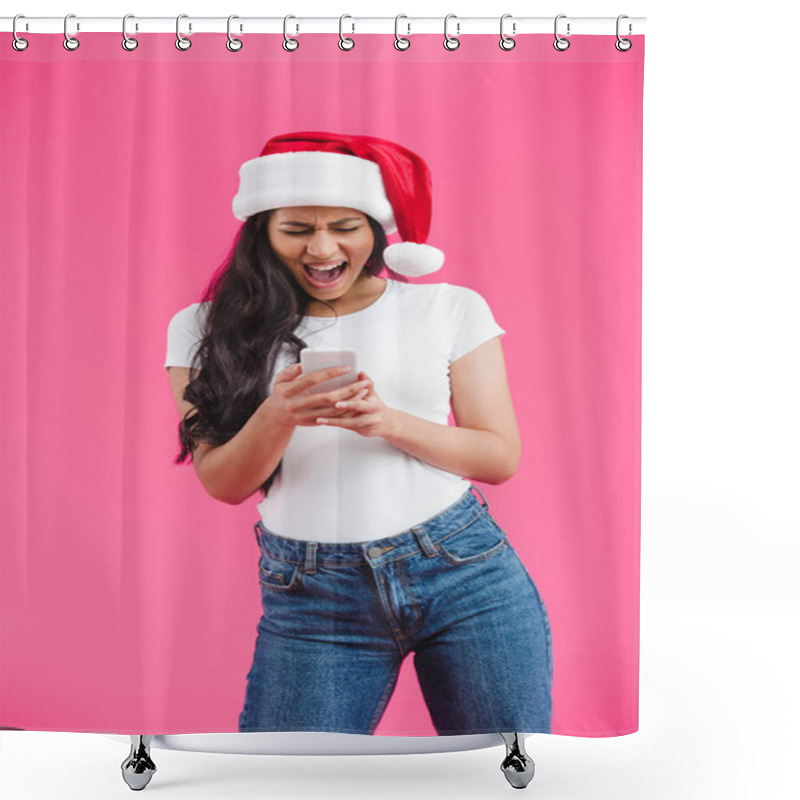 Personality  African American Girl In Santa Hat Screaming And Looking At Smartphone Isolated On Pink Shower Curtains