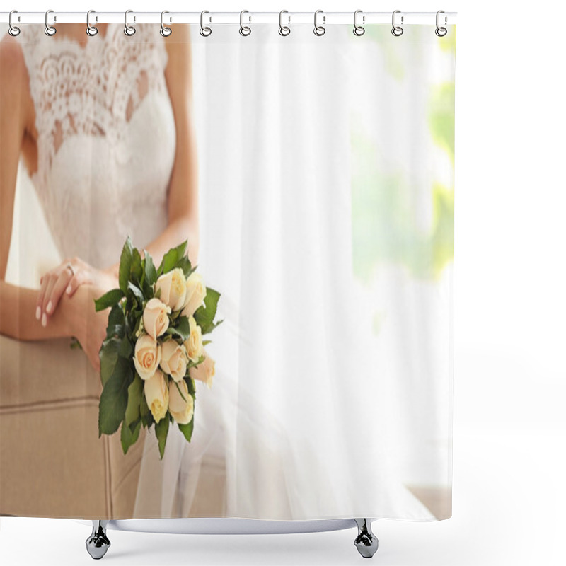 Personality  Bride In Beautiful Dress With Wedding Bouquet Sitting On Sofa Shower Curtains