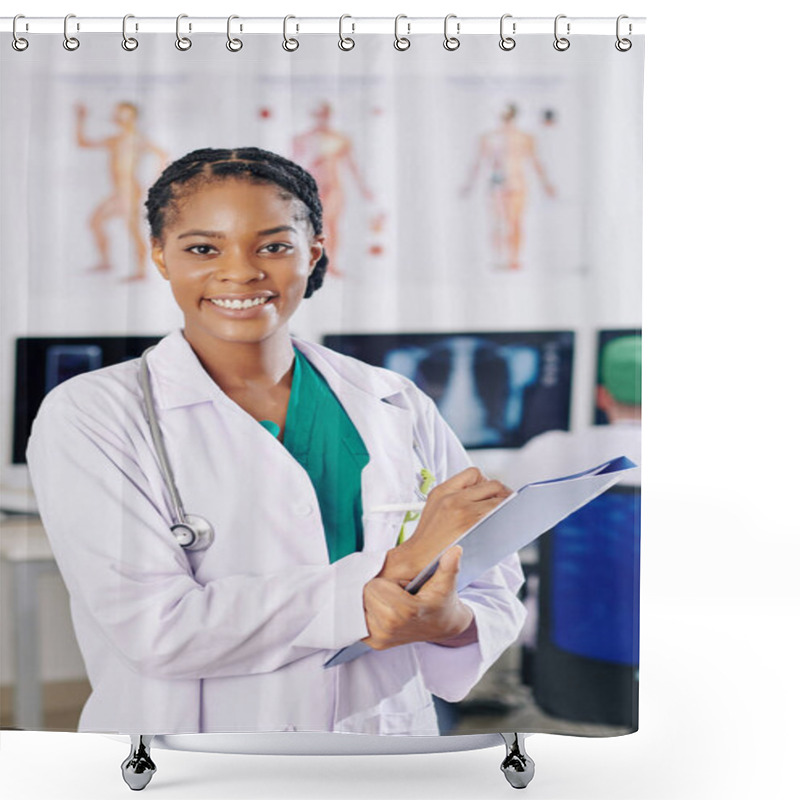 Personality  Portrait Of Beautiful Young General Practitioner Smiling At Camera When Filling Document Shower Curtains