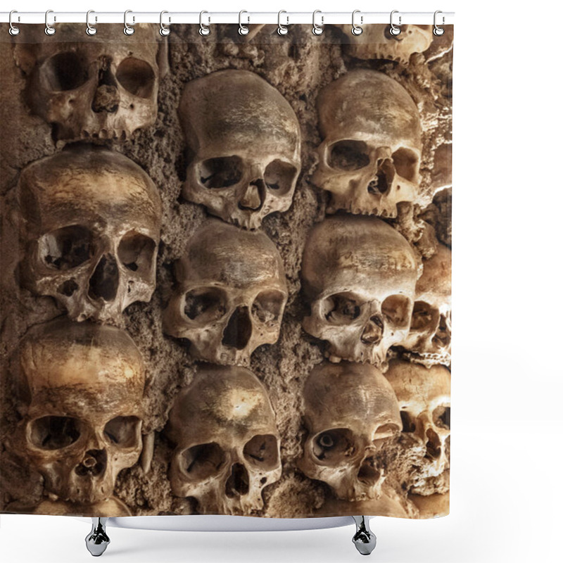 Personality  Skull And Human Bones. Cemetery Ancient Wall Pattern. Horror Dark Chapel. Death Pattern Concept. Scary Skeleton Background. Old Catacomb Grave Full Of Skulls. Plague Tomb Shower Curtains