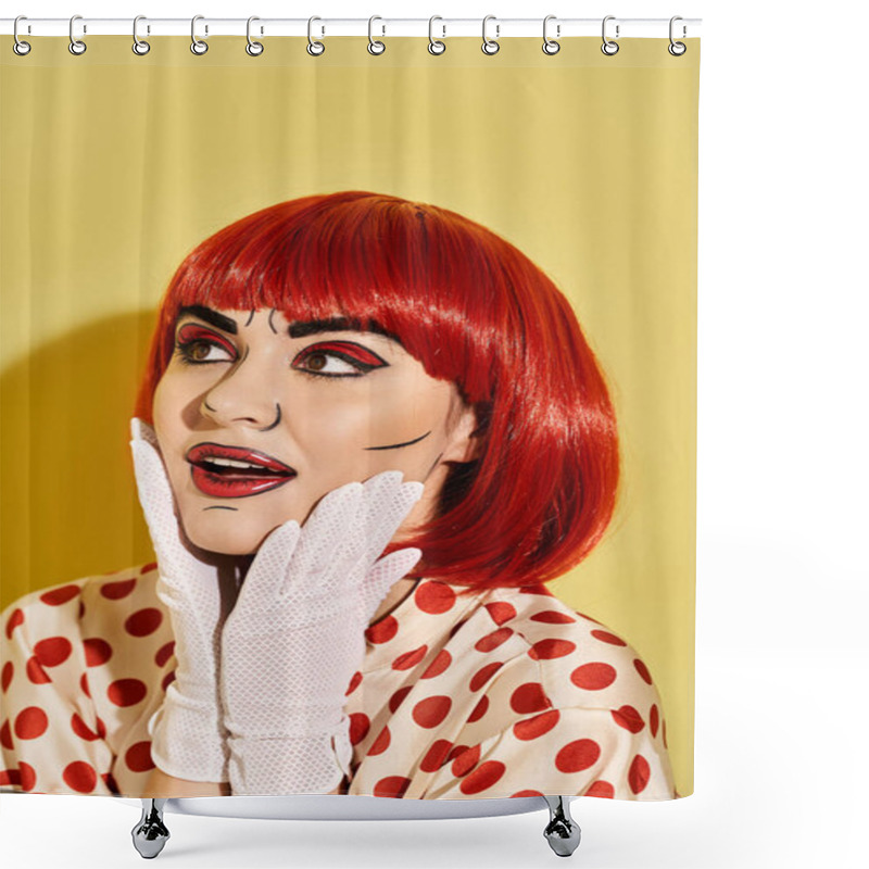 Personality  A Vibrant Redhead In A Polka Dot Dress And White Gloves Exudes Retro Charm Against A Yellow Background Inspired By Comic Art. Shower Curtains