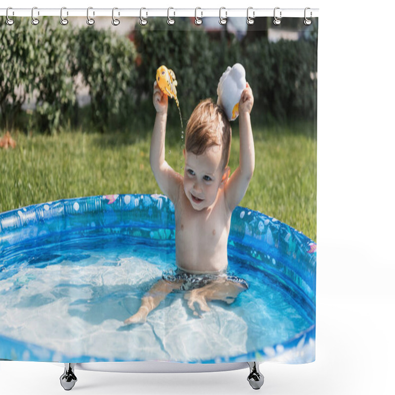 Personality  Cheerful Toddler Boy Playing With Rubber Toys And Pouring Water In Inflatable Pool Outside  Shower Curtains