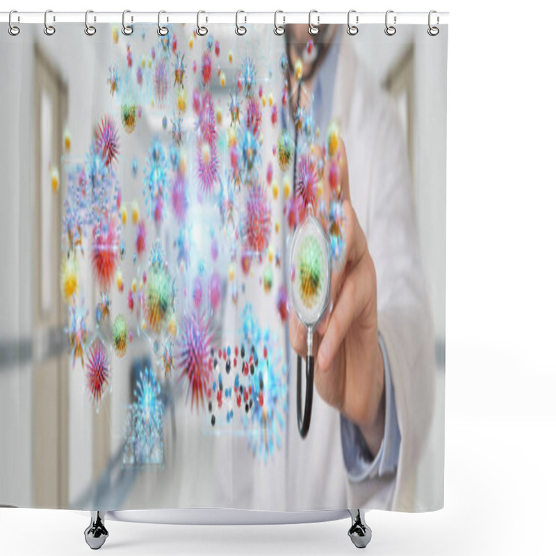 Personality  Doctor On Blurred Background Using Digital Nanobot Virus 3D Rendering Shower Curtains