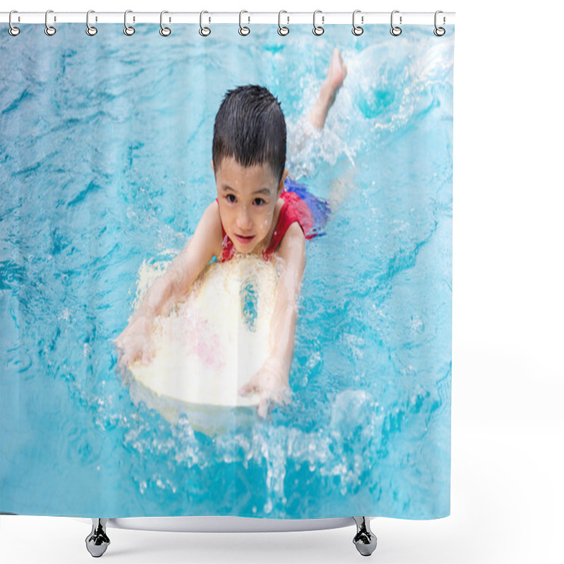 Personality  Asian Chinese Little Boy Swimming With Floating Board Shower Curtains