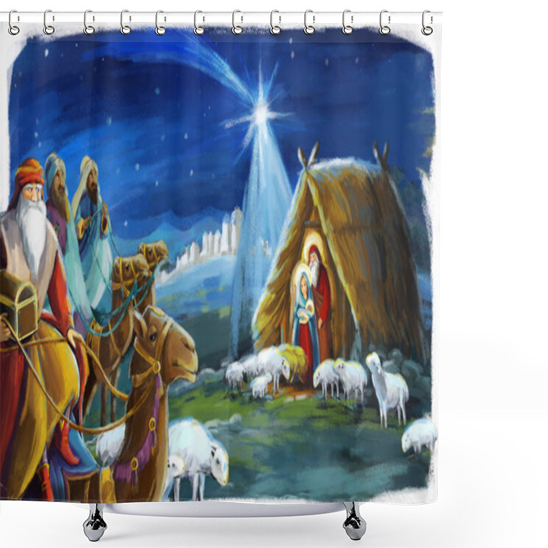 Personality  Traditional Christmas Scene With Holy Family And Three Kings For Different Usage - Illustration For Children Shower Curtains