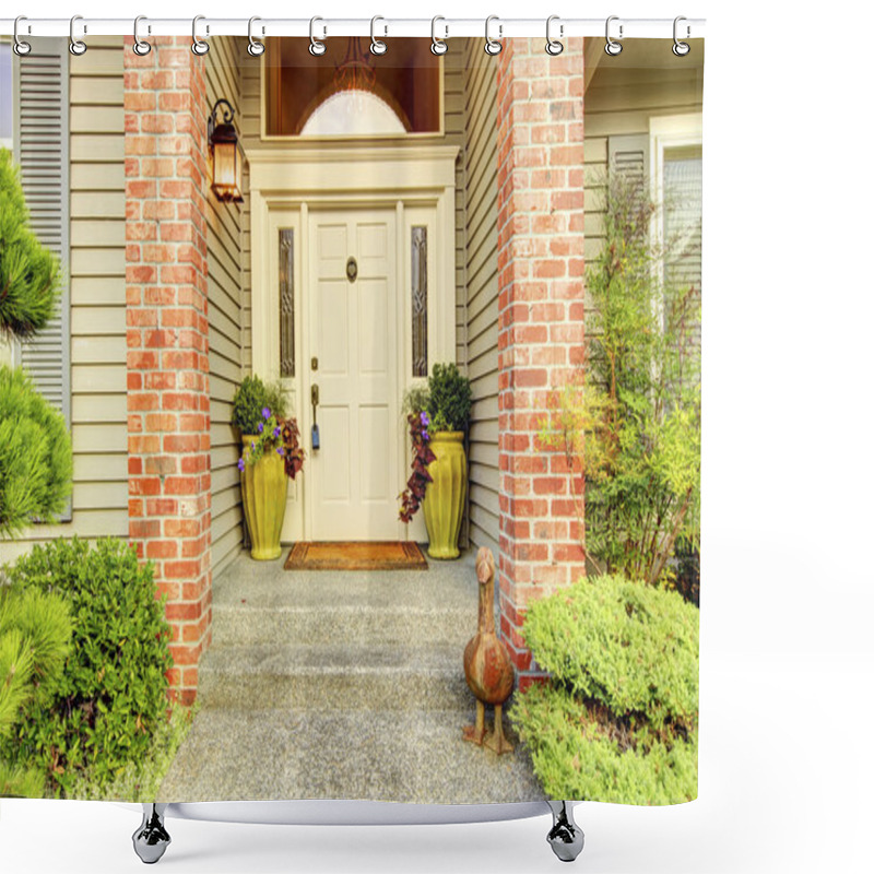 Personality  Large Beautiful Classic Ninties Home Exterior With Brick Columns And White Door. Shower Curtains