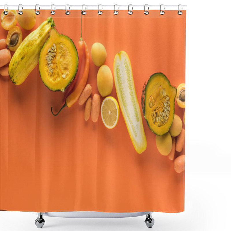 Personality  Top View Of Yellow Fruits And Vegetables On Orange Background With Copy Space Shower Curtains