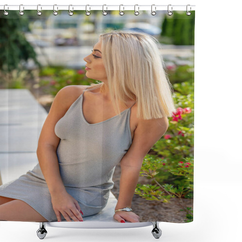 Personality  A Beautiful Young Woman Strolls Through Her Quaint Small Town, Basking In The Warmth Of Spring. Surrounded By Blooming Flowers And Fresh Air, She Radiates Joy, Enjoying The Peaceful Solitude. Shower Curtains