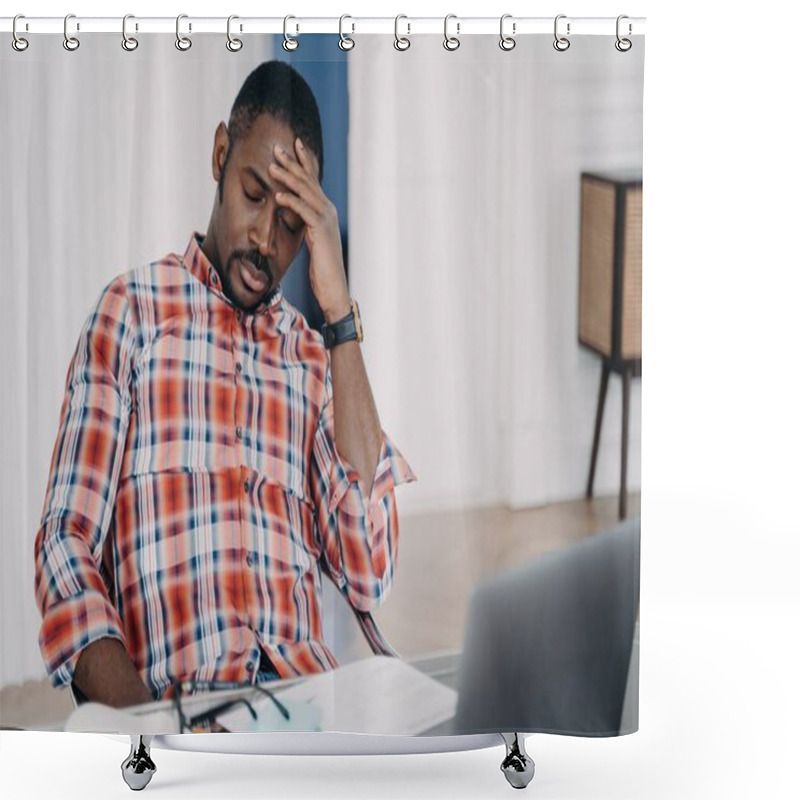 Personality  Tired African American Businessman Suffer From Headache At Workplace At Laptop. Frustrated Overworked Black Male Guy Touching Head Thinking About Business Problem, Closed Eyes. Stress At Work Concept Shower Curtains