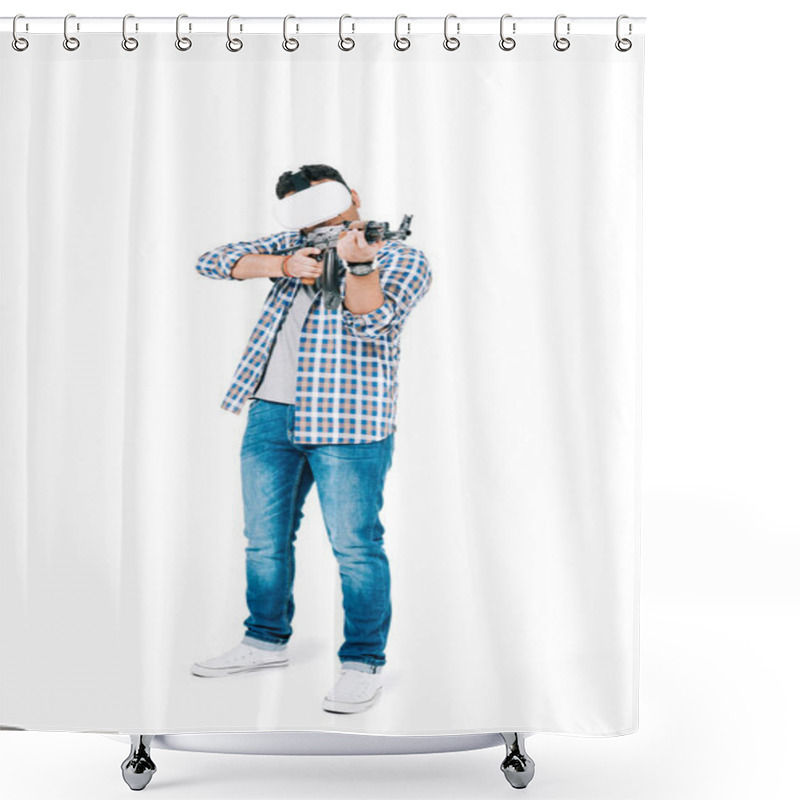 Personality  Man In Virtual Reality Headset With Rifle Shower Curtains