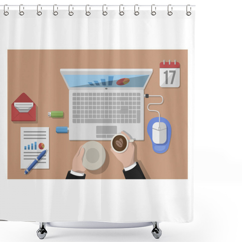 Personality  Business Man Drink Coffee In Workbench Shower Curtains