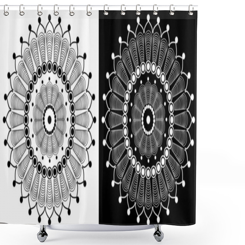 Personality  Indian Traditional And Cultural Rangoli Mandala Design Concept Of Floral Art Isolated On Black And White Background Shower Curtains