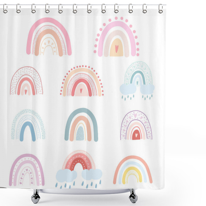 Personality  Set Of Hand Drawn Rainbows With Hearts, Clouds, Raindrops. Vector Illustration Of Colorful Pastel Rainbow Childish Scandinavian Style For Fabric Print, Apparel, Children Textile Design, Card. Shower Curtains