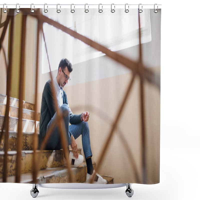 Personality  A Young Man Sitting Indoors On Staircase. Shower Curtains