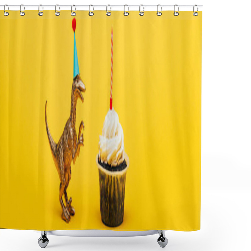 Personality  Panoramic Shot Of Toy Dinosaur In Party Cap And Cupcake With Candle On Yellow Background Shower Curtains