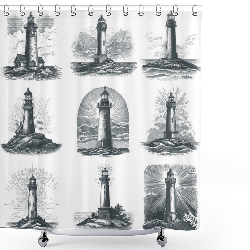 Personality  Vintage Engraving Of Various Lighthouses In Coastal Settings For Nautical Themed Designs Shower Curtains