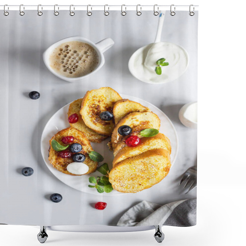 Personality  Traditional Sweet French Toasts With Blueberry, Dried Cherry, Mint And Coffee. Delicious Breakfast. Top View. Shower Curtains