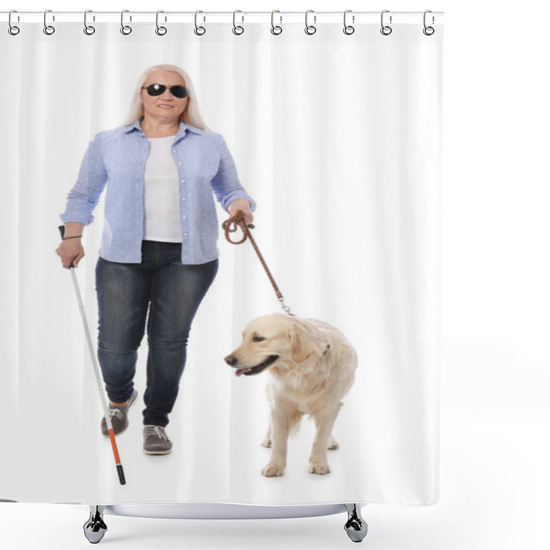 Personality  Blind Person With Long Cane And Guide Dog On White Background Shower Curtains