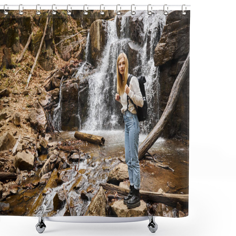 Personality  Active Blonde Female Hiker Standing By The Forest Creek Walking On Rocks Near Waterfall Shower Curtains