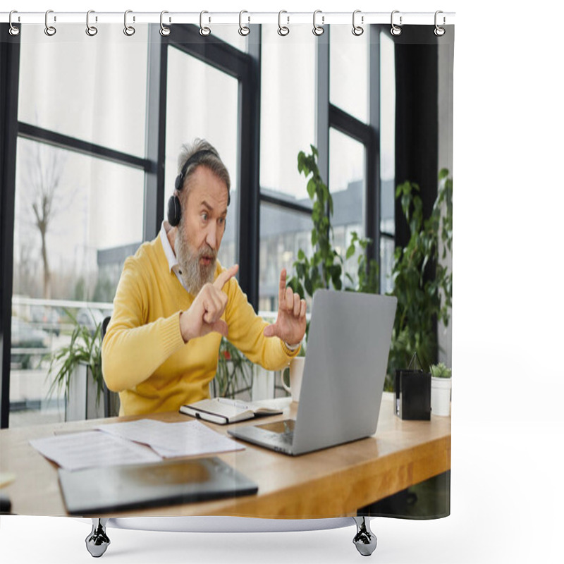 Personality  Senior Man Actively Participating In A Virtual Conference While Seated At A Desk. Shower Curtains