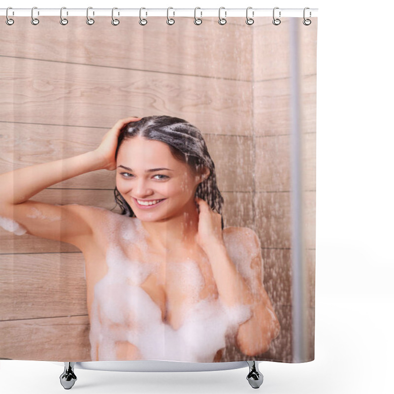 Personality  Young Beautyful Woman Under Shower In Bathroom Shower Curtains