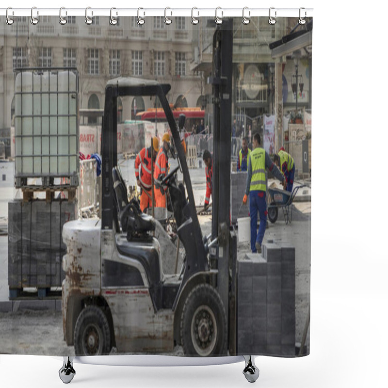 Personality  Belgrade, Serbia, Mar 1, 2019: Construction Workers Paving The Republic Square (Trg Republike) In Pedestrian City Zone Shower Curtains