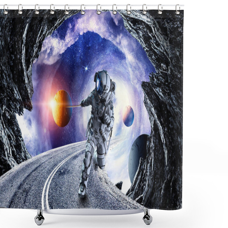 Personality  Fantasy Image With Spaceman Catch Planet. Mixed Media Shower Curtains