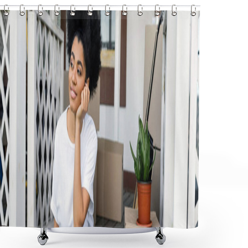 Personality  Dreamy African American Woman Looking Away Near Carton Boxes On Porch Of New House, Real Estate, Banner Shower Curtains