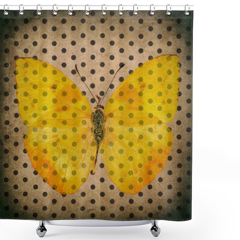 Personality  Yellow Butterfly Over Old Fashioned Polka Dot Wallpaper Shower Curtains