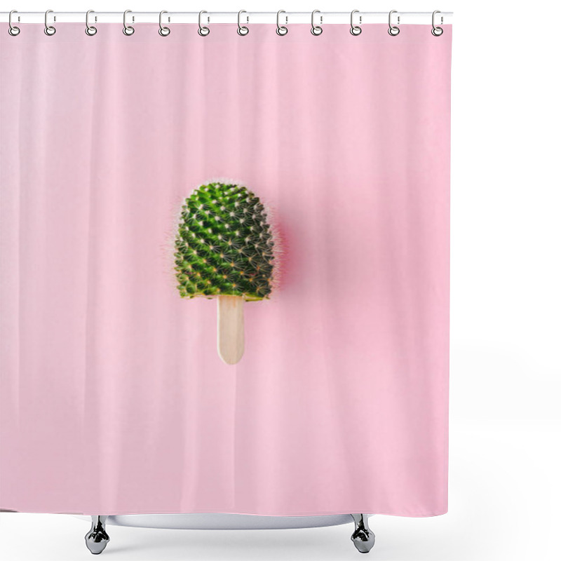 Personality  Top View Of Cactus Plant On Wooden Stick On Pink, Ice Cream Concept Shower Curtains