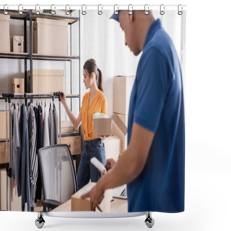 Personality  Seller Standing Near Clothes And Blurred African American Courier With Carton Box In Online Web Store  Shower Curtains