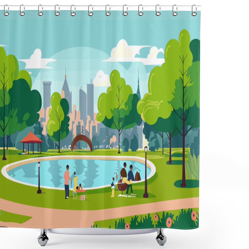 Personality  City Park In Flat Style. Green City Landscape. Vector Illustration Background Shower Curtains