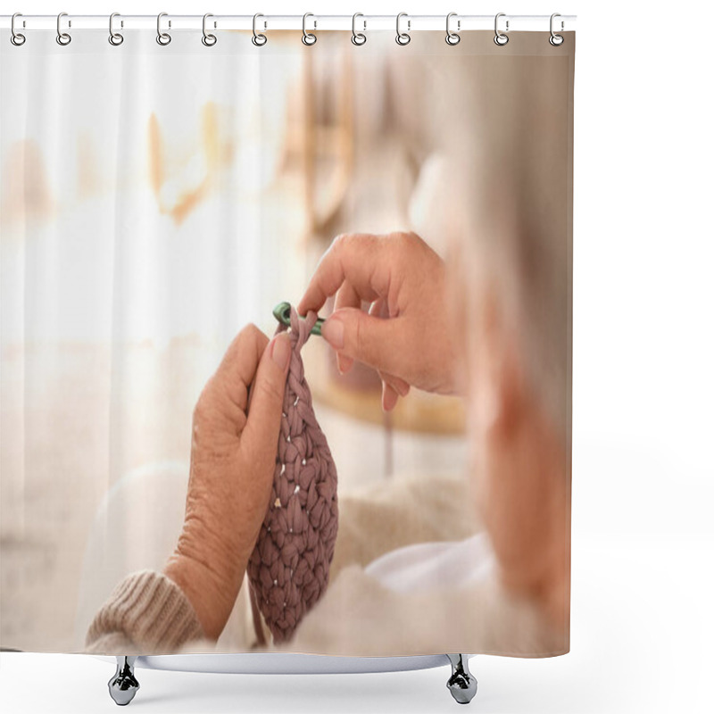 Personality  Elderly Woman Crocheting At Home, Closeup. Creative Hobby Shower Curtains