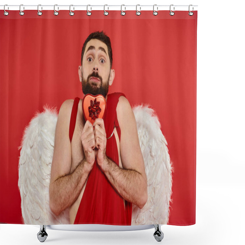 Personality  Funny Man In Cupid Costume And Wings Holding Heart-shaped Gift Box And Looking At Camera On Red Shower Curtains