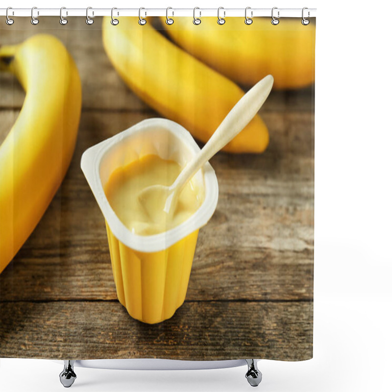 Personality  Plastic Cup With Yummy Banana Yogurt On Wooden Table Shower Curtains