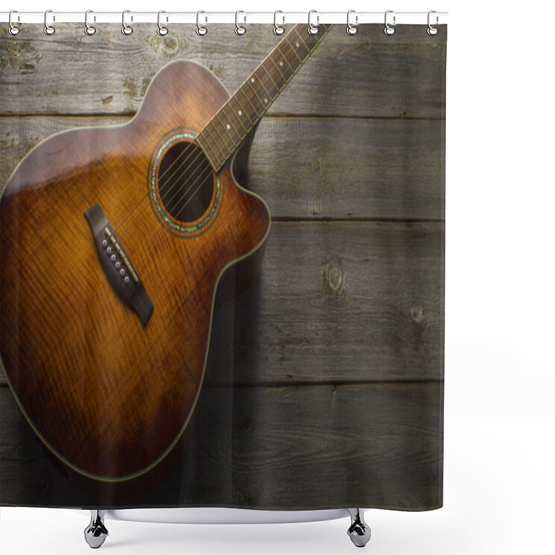 Personality  Acoustic Guitar On Wood Background Shower Curtains