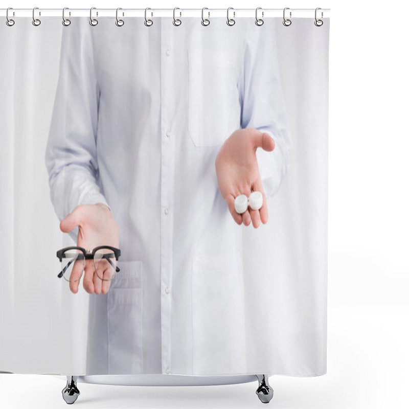 Personality  Cropped View Of Ophthalmologist Holding On Palms Lenses Container Higher Than Eyeglasses Isolated On White Shower Curtains